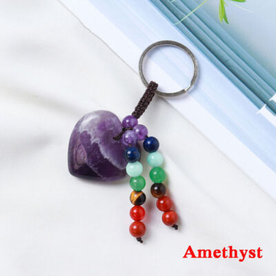 Gemstone Love Heart 7Chakra Beads Tassel Healing Keychain Bag Charm Pendant Gift