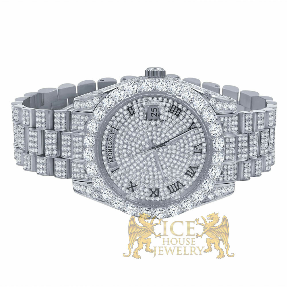Pre-owned Bling Master Solid Stainless Steel Solitaire Roman Dial 18k White Gold Day & Date Men's 40mm