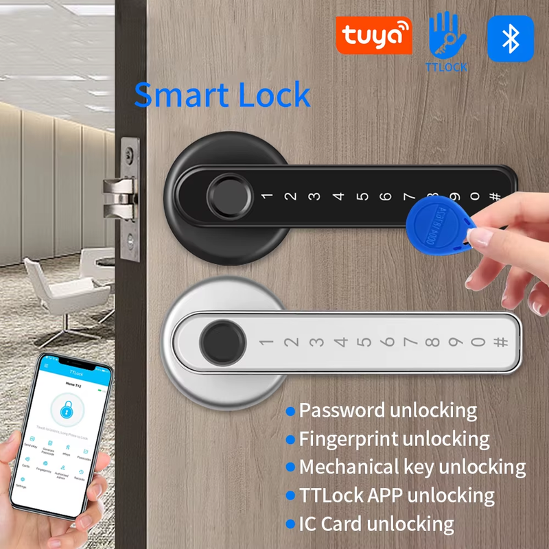 Smart Door Lock Handle With Fingerprint Key card Digital Door Lock Keypad Key En