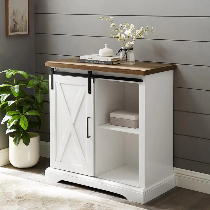 32 inch Rustic Farmhouse Solid White Buffet Table Sliding Door Adjustable Shelf
