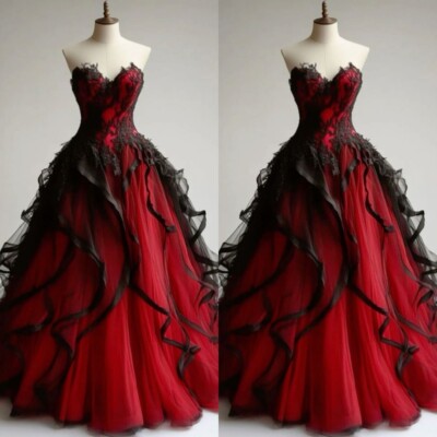 Black Red Wedding Dresses Gothic Ruffles Lace Appliques Sleeveless Bridal Gowns