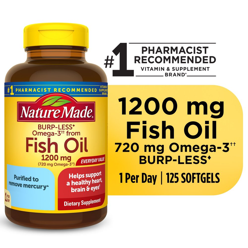 Burp Less Omega 3 Fish Oil 1200 Mg Softgels, Fish Oil Supplements, 125 Count