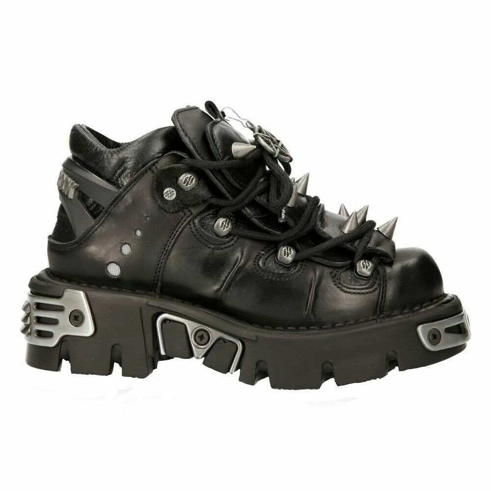 Pre-owned New Rock Rock 110-s1 Boots Unisex Black Leather Boots Rock Goth Emo Stud Low Biker