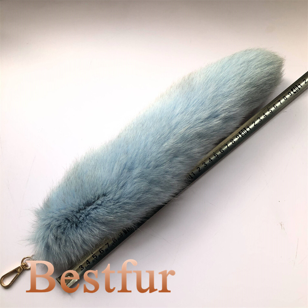Wholesale 16"-18" Real Fox Fur Tail Dyed Blue Fox Fur Tail Keychain Cosplay Toys