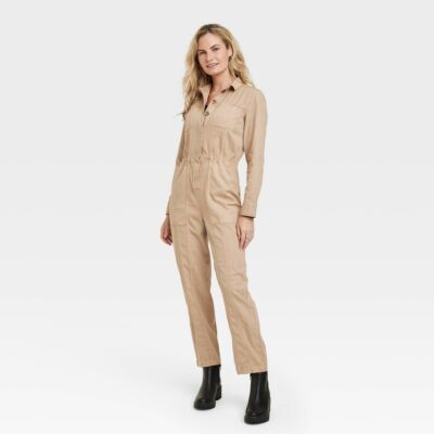 Womens Long Sleeve Button-Front Coveralls - Universal Thread Tan 0