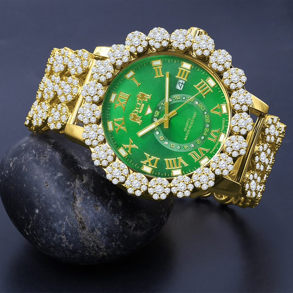 Pre-owned Icy Mens Emerald Green Real Diamond Roman Dial Flower Band Bezel Gold Tone Watch