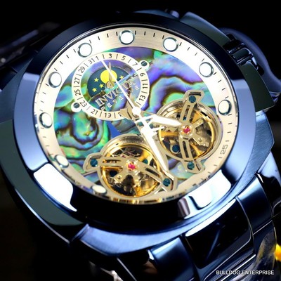 Pre-owned Invicta Man Of War Double Open Heart Automatic Moon Phase Abalone Blue Watch