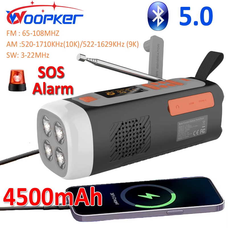 4500mAh Emergency Radio AM/FM/SW Survival Power Bank Phone Charger USB C/Solar/H