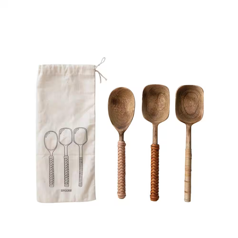 Natural Mango Wood Spoons with Bamboo and Leather Wrapped Handles (Set of 3)