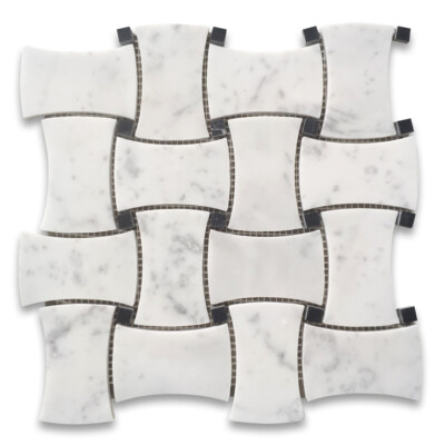 C67W1XH Carrara White Black Marble Dogbone Wicker Weave Mosaic Tile Honed