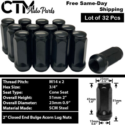 32x 2'' Tall Black 14x2 Acorn Lug Nuts 3/4'' Hex Fit Old Ford Excursion/F250/F350