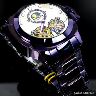 Pre-owned Invicta Man Of War Double Open Heart Automatic Moon Phase Mop Purple Watch