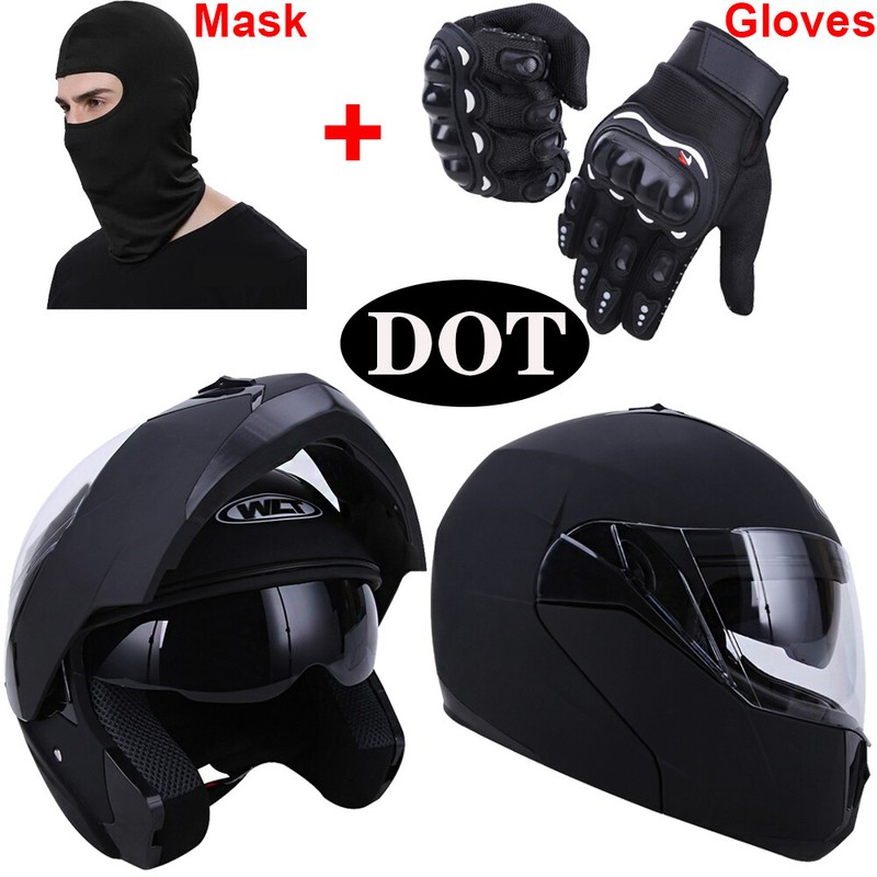 New LED Light Helmet Flip Up Full Face Dual Visor Racing DOT Motorcycle Helmets
