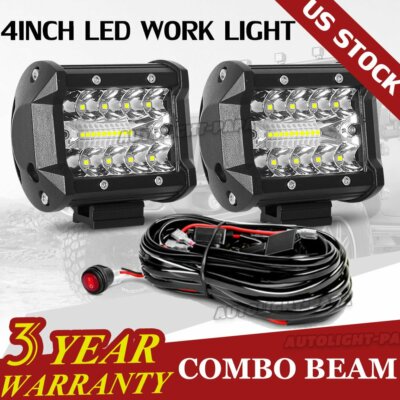 4'' LED Work Light Bar Pods Flood Spot Combo Fog Driving Kit ATV Offroad + Wiring