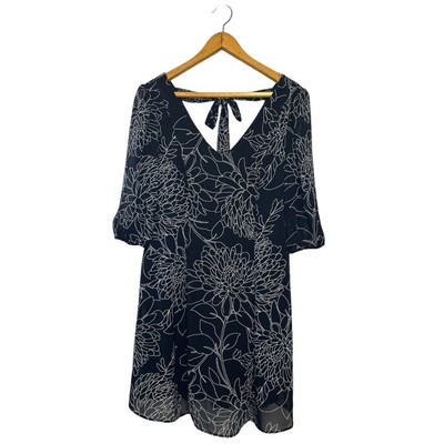 Connected Apparel Navy Blue Spring Dress with White Floral Print Size 6 *Flaw*