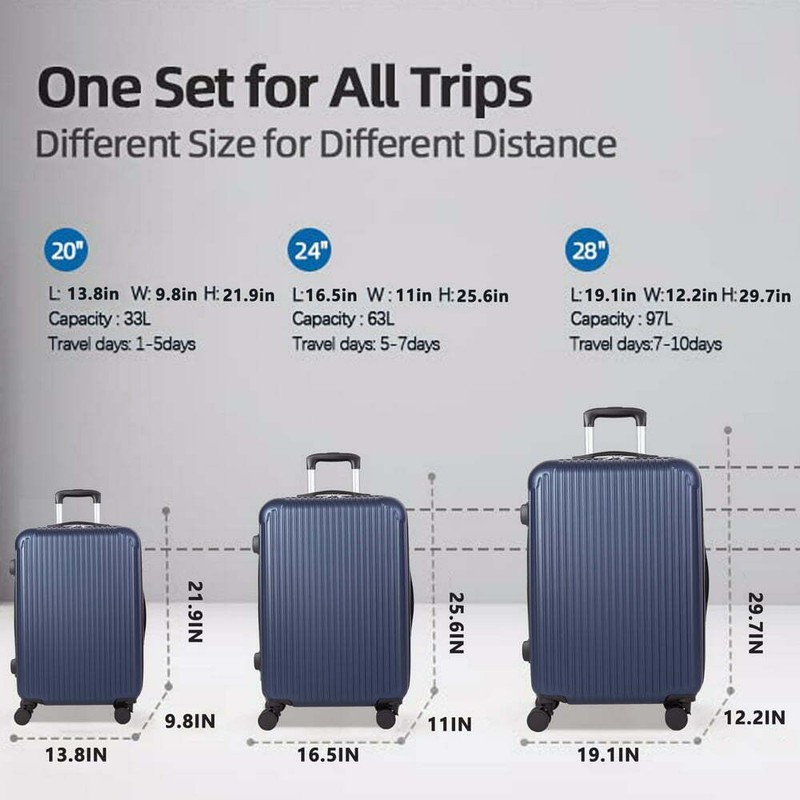 3 Piece Luggag Sets Nested Spinner Suitcase with TSA Lock an