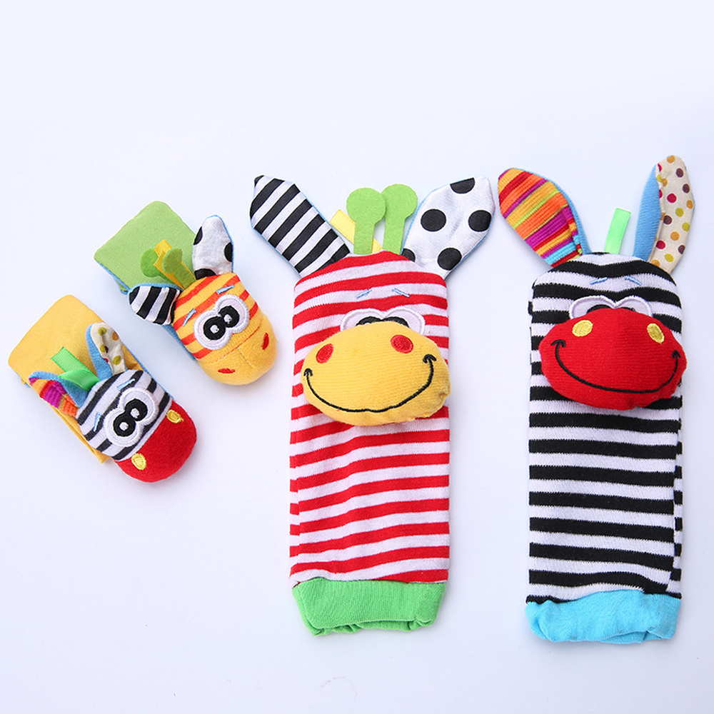 4Pcs set Cute Animal Infant Baby Kids Hand Wrist Bell Foot Sock Rattles Soft Toy