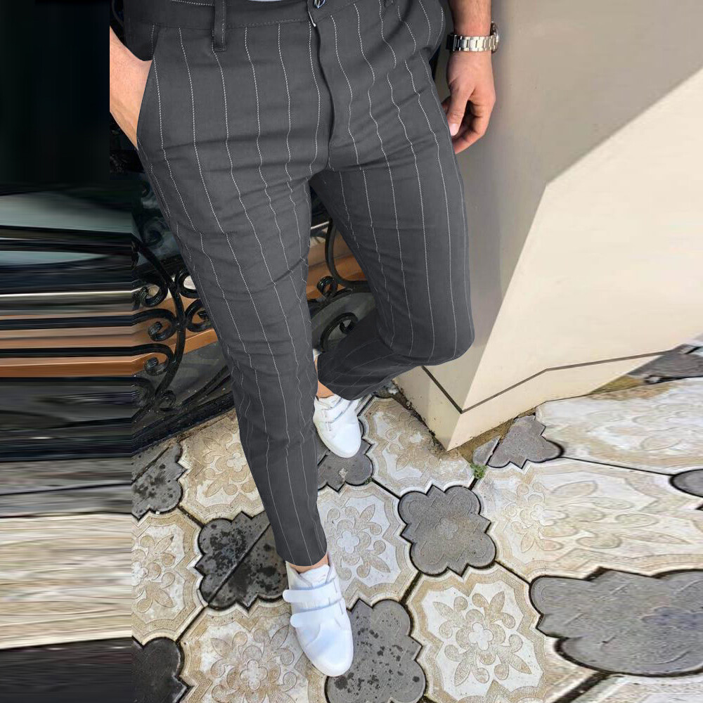 Mens Striped Slim Fit Pencil Pants Casual Formal Stretch Skinny Trousers Bottoms