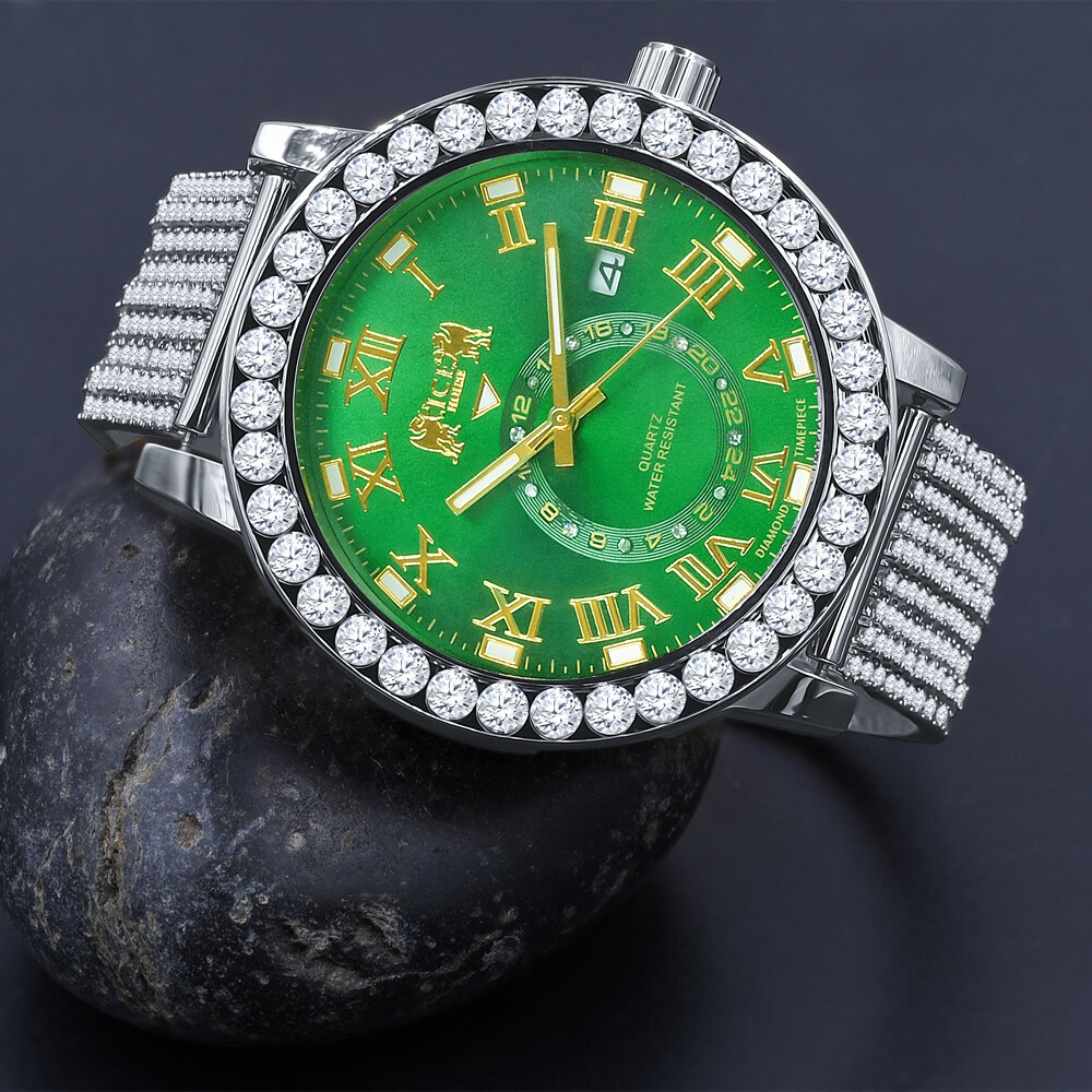 Pre-owned Icy Real Diamonds Gold Tone Emerald Green Solitaire Dial Custom Band Bezel Watch