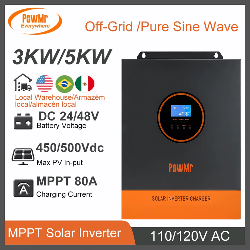 5000W 3000W Hybrid Power Inverter DC 24V 48V To 110V/120V AC with 80A MPPT Solar