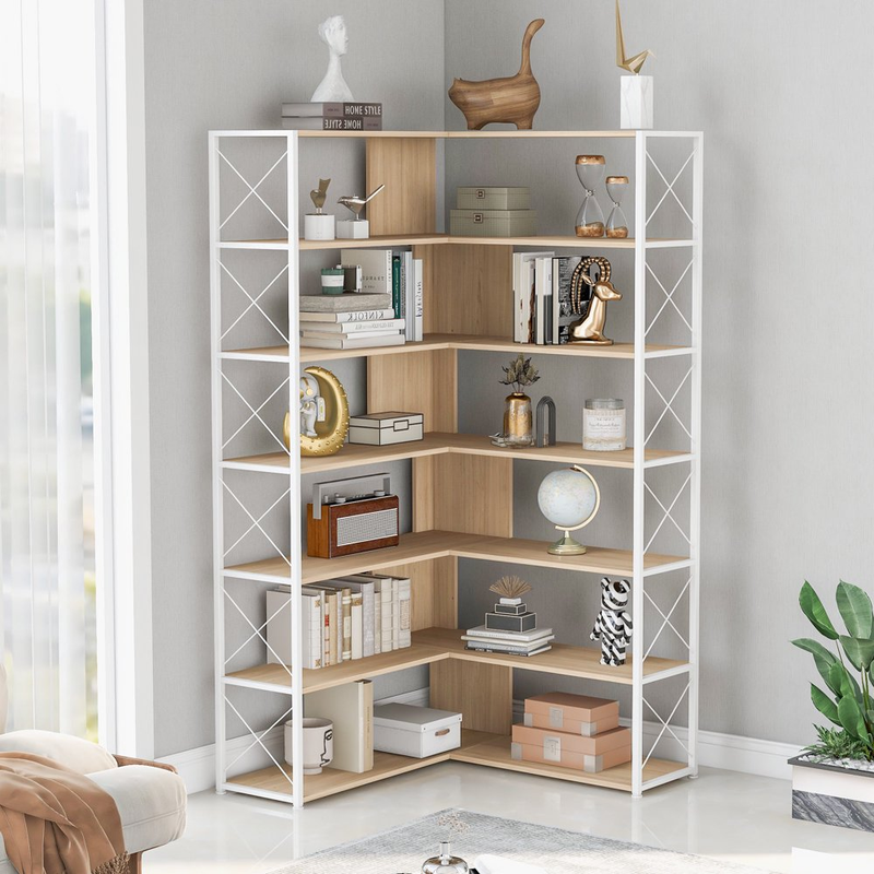 Bookcases and Bookshelves Industrial Corner Bookcase L Shaped Shelf 7 Tier with