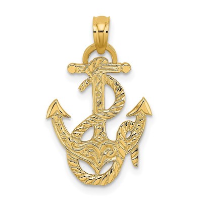 14k Yellow Gold Polished Anchor and Rope Charm Pendant 1.12g, L-25.95mm, W-15mm