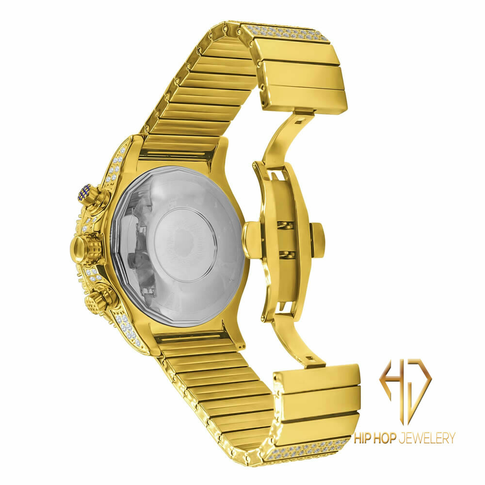 Pre-owned Blingmaster Men's Solid Stainless Steel Yellow Gold Tone Simulated Diamond Custom Watch 48mm