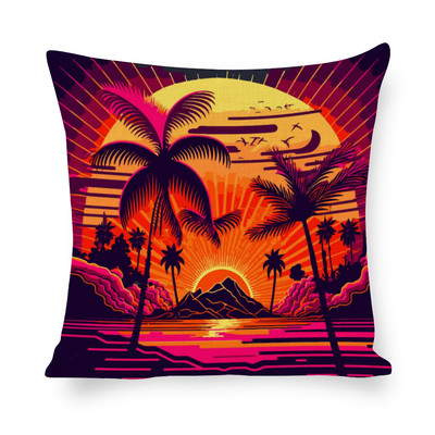 Tropical sunset synth wave 80s retro pink sun palms trees island cushion
