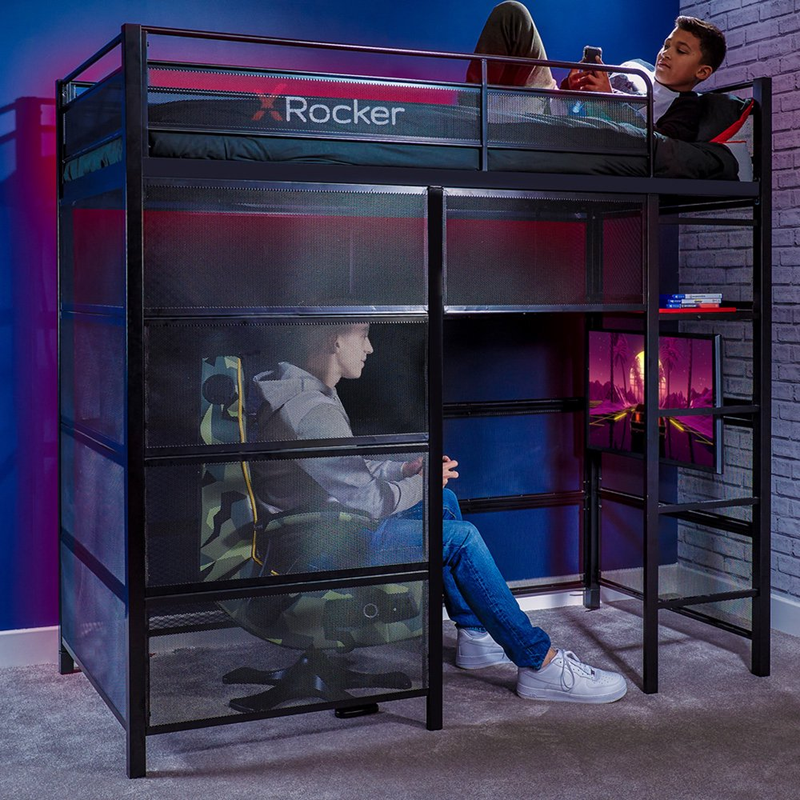 Bunk Bed Gaming Den with VESA TV Mount, Twin, Black metal frame