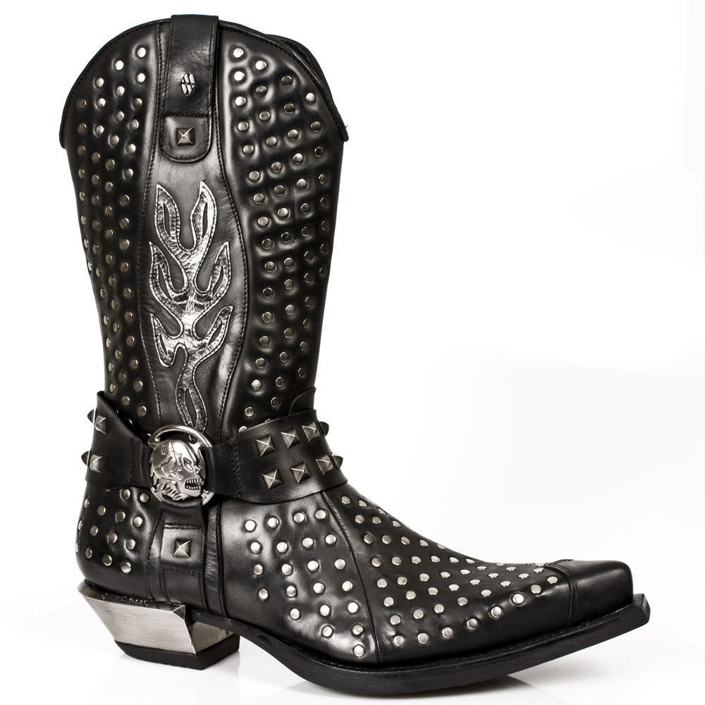 Pre-owned New Rock Newrock M.7928 S1 Silver Exclusive Rock Punk Gothic Cowboy Riding Boots Mens In Black