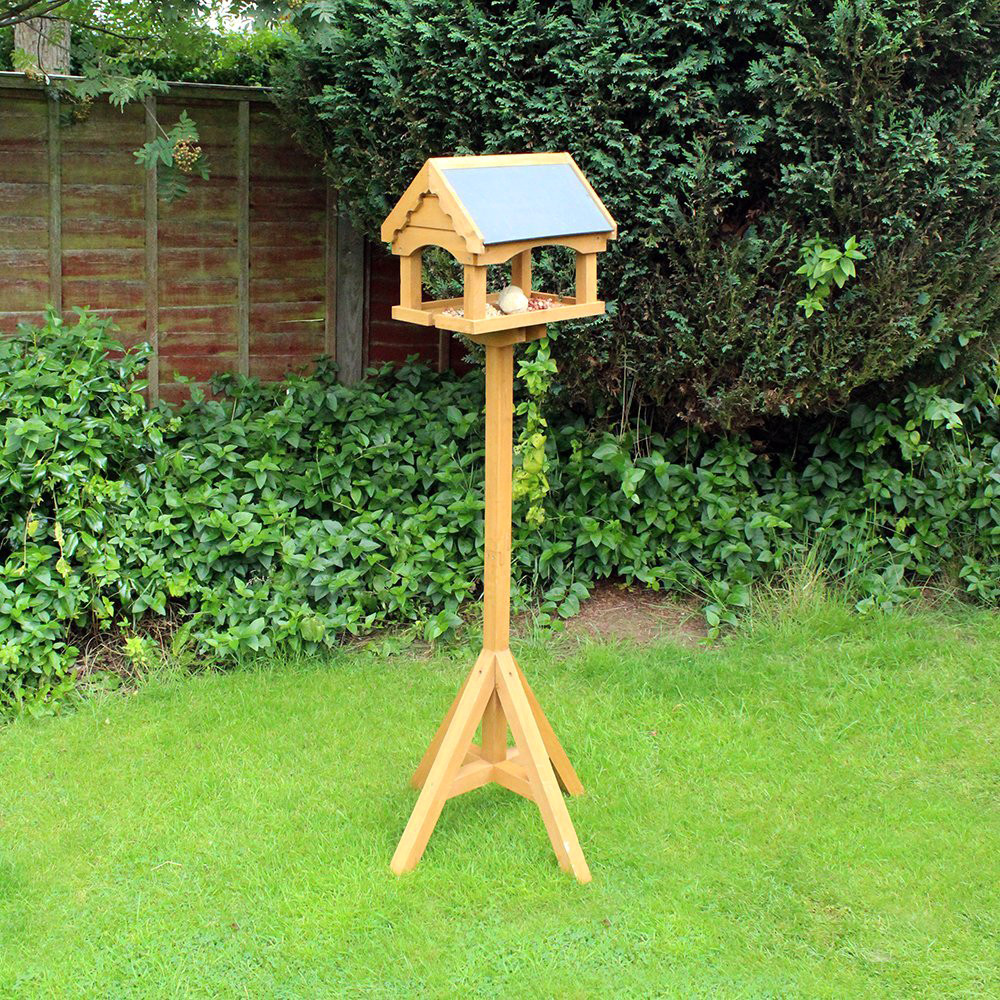Wooden Bird Feeding Station With Slate Roof Standing Garden Table