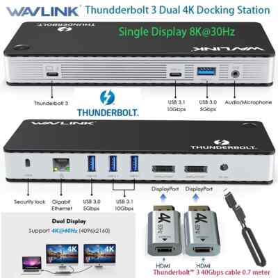 4K Dual Display Thunderbolt  3 Docking Station 2 DP 2 HDMI 100W PD USB 3.1 3.0