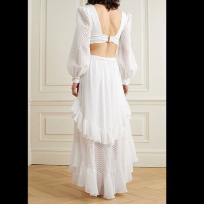 Pre-owned Patbo Cutout Tiered Crochet-knit And Satin-jersey Maxi Dress In White