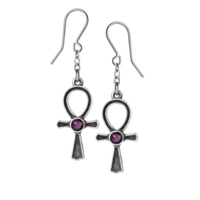 Alchemy Gothic Ankh Of Osiris Earrings Pewter Eternal Life Purple Crystals Egypt