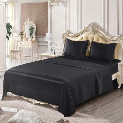 3/4 Pcs Satin Silk Sheet Set Deep Pocket Fitted Bed Sheet Flat Sheet Pillowcase