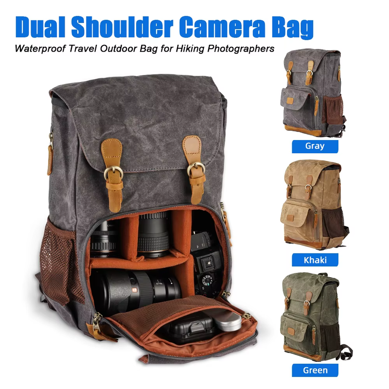 Cow Leather DSLR Camera Bag Photography Bag Waterproof Outdoor Travel Large Capa