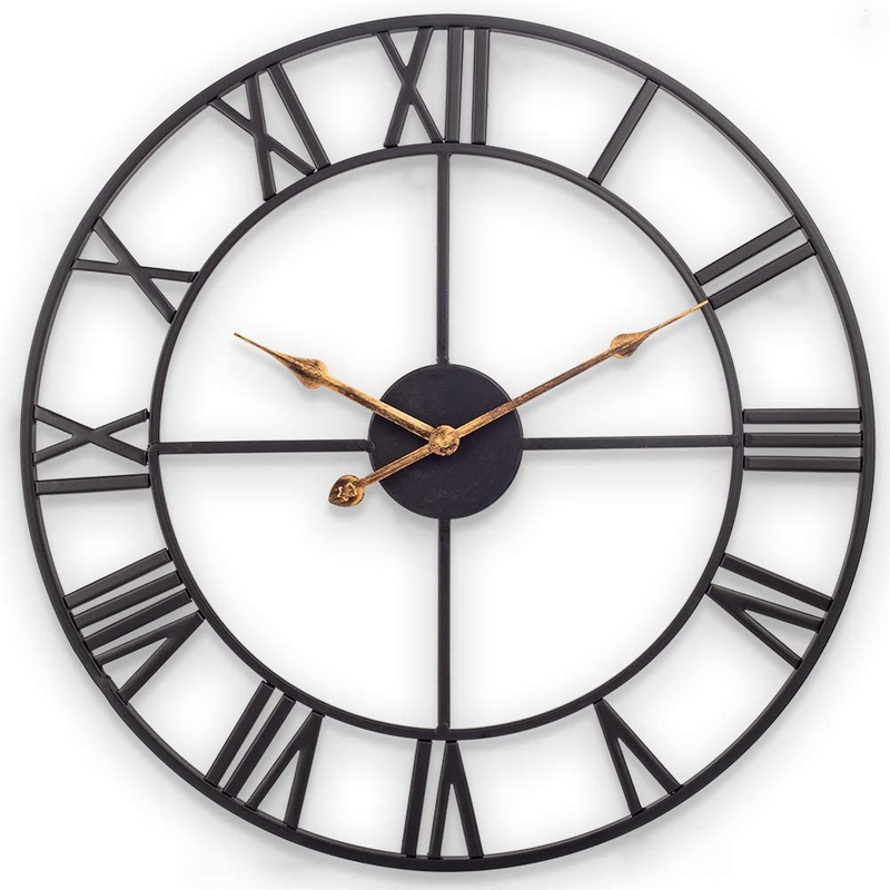 24 Inch Large Wall Clock, Industrial Wall Clock with Roman Numerals, Black Indoo