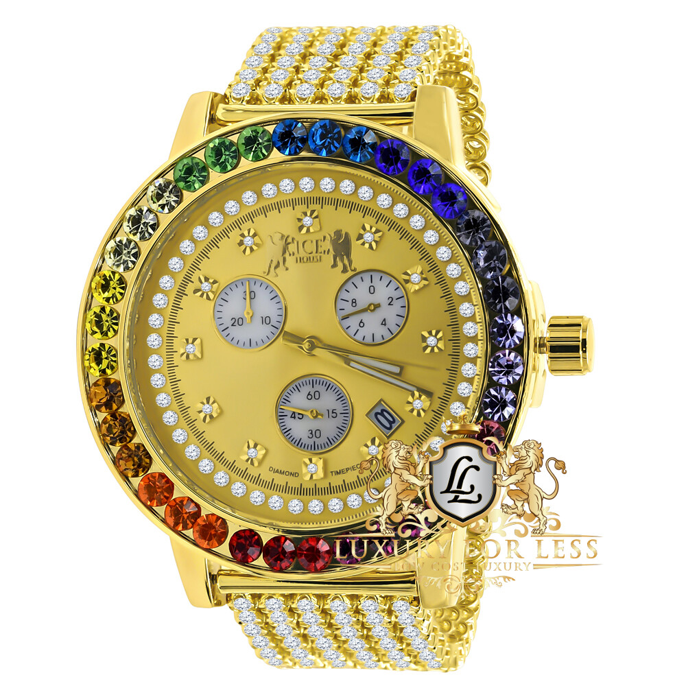 Pre-owned Ice House Men's Exclusive Custom Watch Xl Rainbow Multi Gold Tone Real Diamond Dial W/date