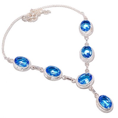 Blue Topaz Gemstone 925 Sterling Silver Tennis Necklace 17.99'' TN7525-362