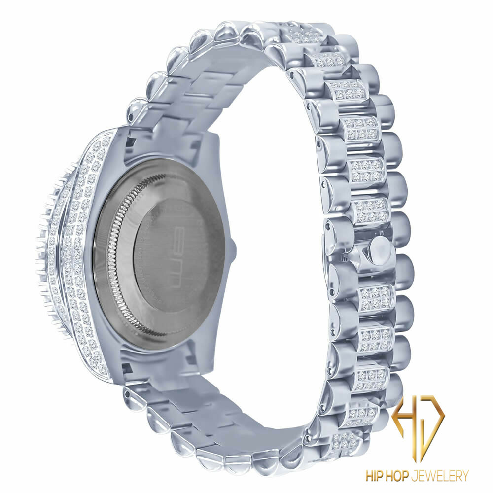 Pre-owned Bling Master 18k White Gold Tone Stainless Steel Simulated Diamonds Presidential Watch 41mm
