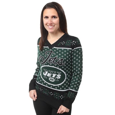 New York Jets NFL Big Logo Womens V-Neck Ugly Sweater