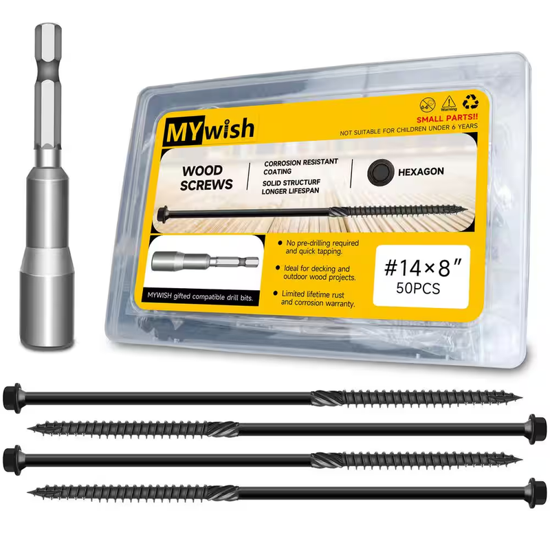 Deck Screws 14 x 8 Inch Self Drilling Carbon Steel Black Wood Screws 50 Pack