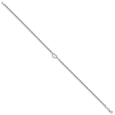 Pre-owned Skyjewelers Real 14k White Gold Diamond-cut Rope With Heart 9in Anklet; 9 Inch; Lobster