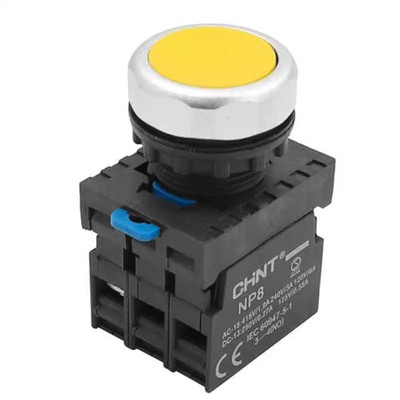 CHINT NP8 22mm Einbau-Drucktaster, IP65, 2S/1Ö, 3A/240V, Taste flach, gelb