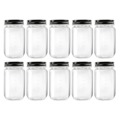 16 ounce clear plastic jars with black lids  refillable round clear containe