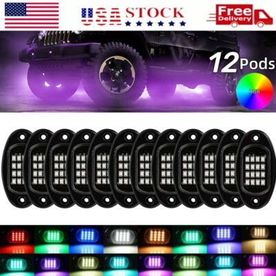12 RGB LED Pods Rock Light Kit Underbody Glow Neon Lamp Bluetooth Music Control