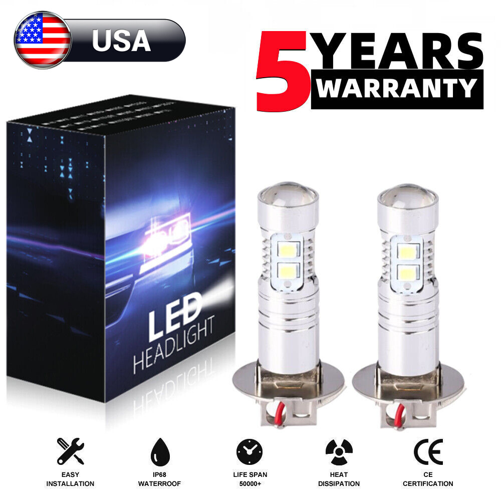 2Pcs H3 LED Fog Light Bulb Conversion Kit Super Bright White DRL Lamp 6000K 55W