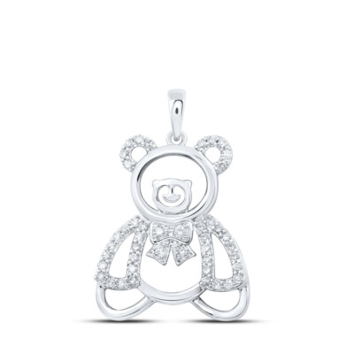 10K White Gold Womens Round Diamond Teddy Bear Animal Pendant 1/5 Cttw