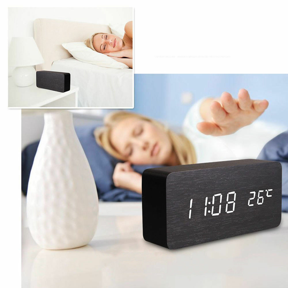 Orologio Sveglia Digitale Legno Display Led Temperatura Allarme Cubo Tavolo sus