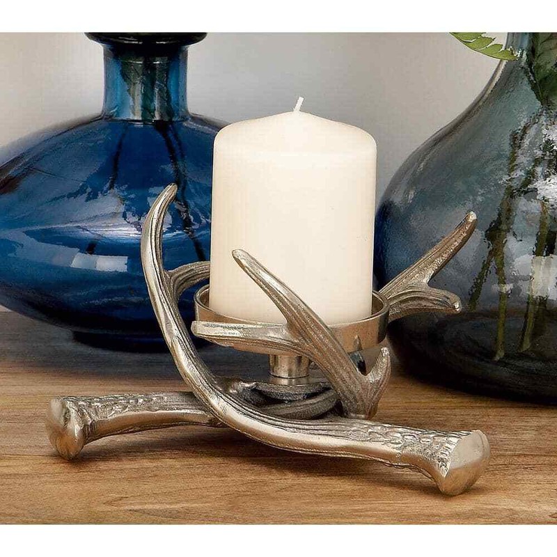 LITTON LANE Candle Holder 4 Inch Crossed Antlers Base Rustic Silver Aluminum New